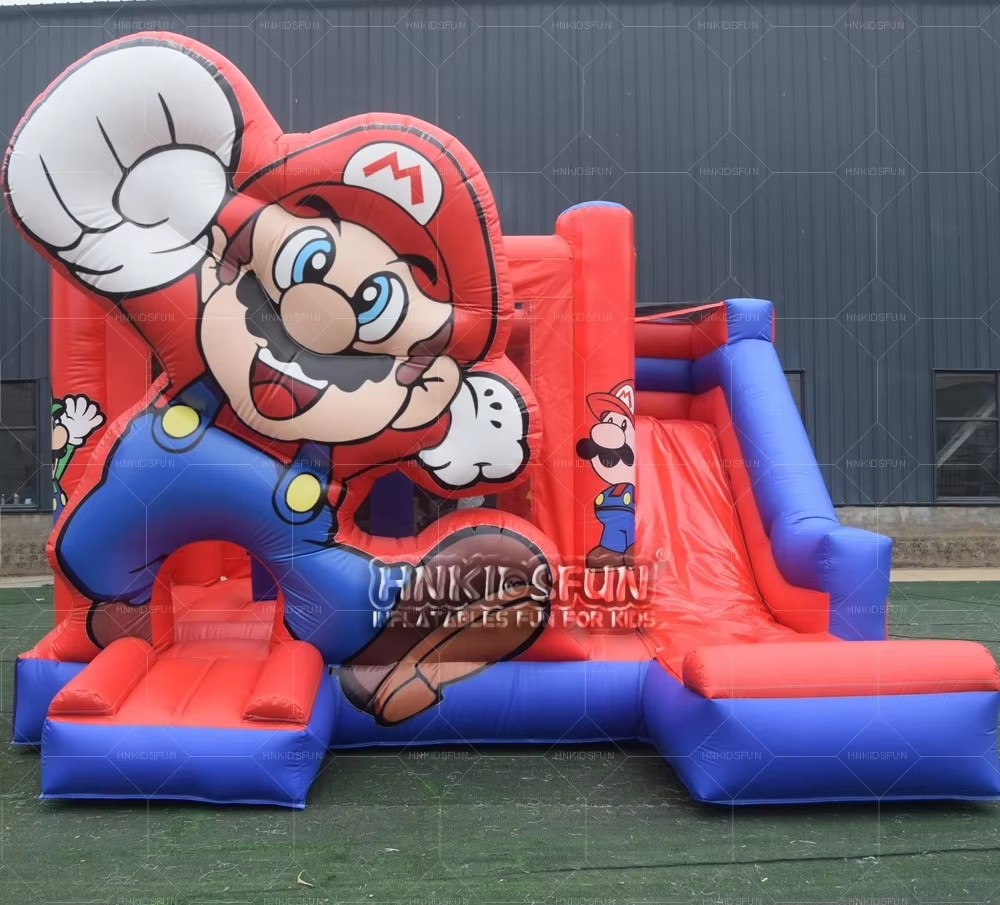 Inflatable Combo Bounce House with Slide Red Blue Video Game Inspired Jumping Castle for Parties