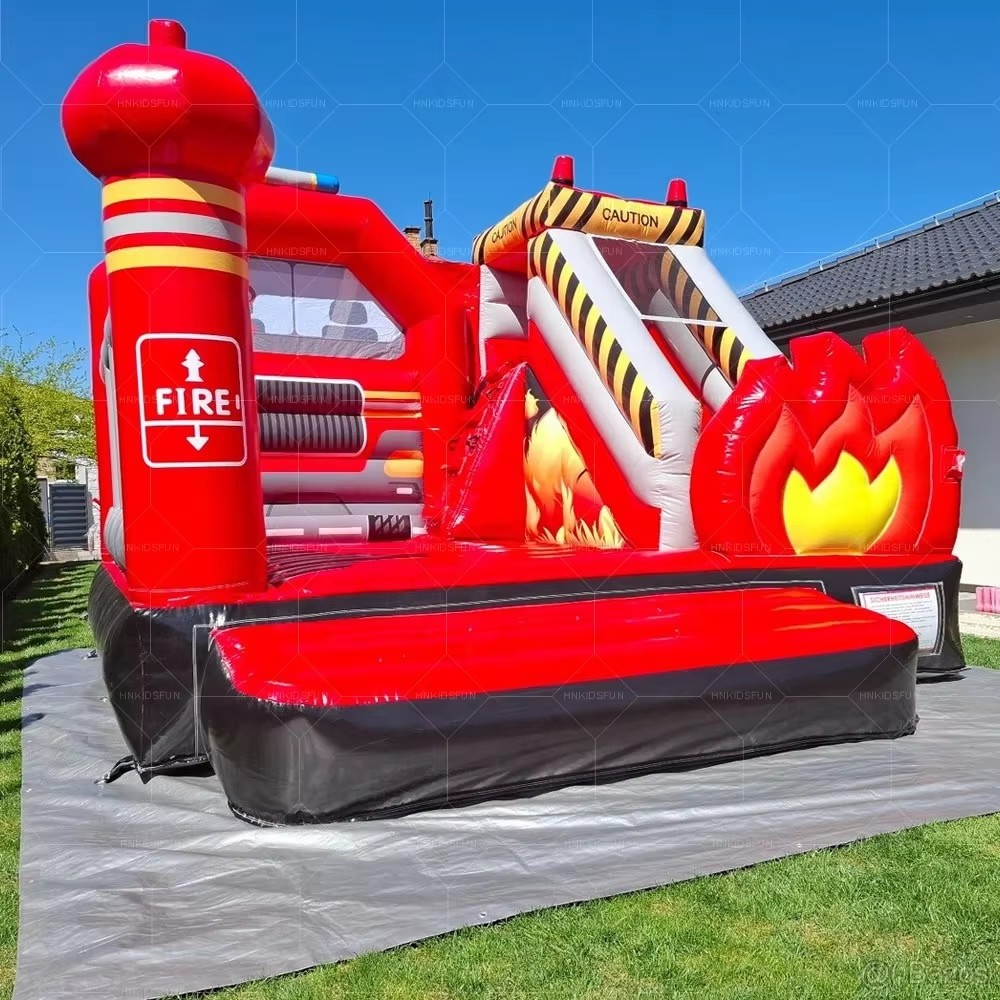 KFC71-Feuerwehr Hpfburg Hupfburg Gro Feuerverauto Bounce House Combo Commercial Inflatable Fire Truck Bouncy Castle with Slide