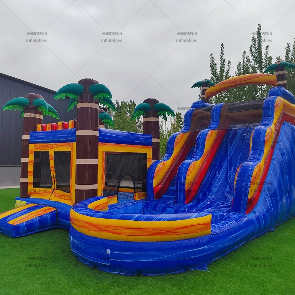 KFC176 Palm Tree Inflatable Combo Bounce House with Double Lane Water Slide for Kids
